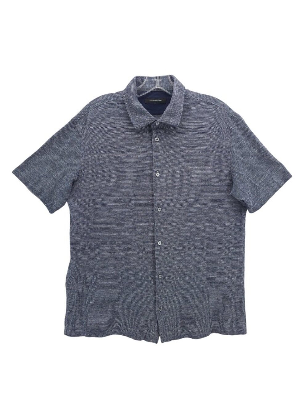 ERMENEGILDO ZEGNA Short Sleeve Button Up Shirt Blue Woven Subtle Stripe LARGE